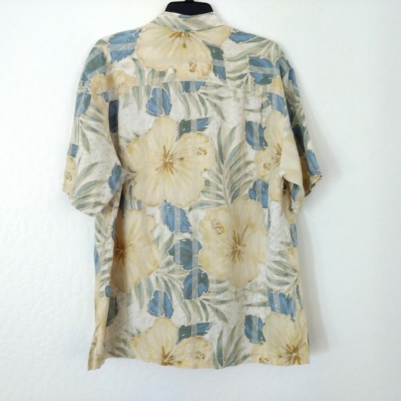 TOMMY BAHAMA Shirt L Yellow Blue Hibiscus Linen Blend Hawaiian Short Sleeve - Picture 8 of 12